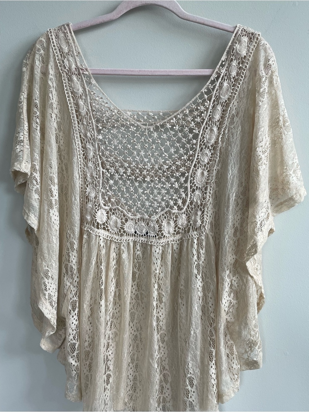 Cream Lace Crochet Boho Top Fairy Indie Romantic Sheer Boutique - Picture 2 of 13